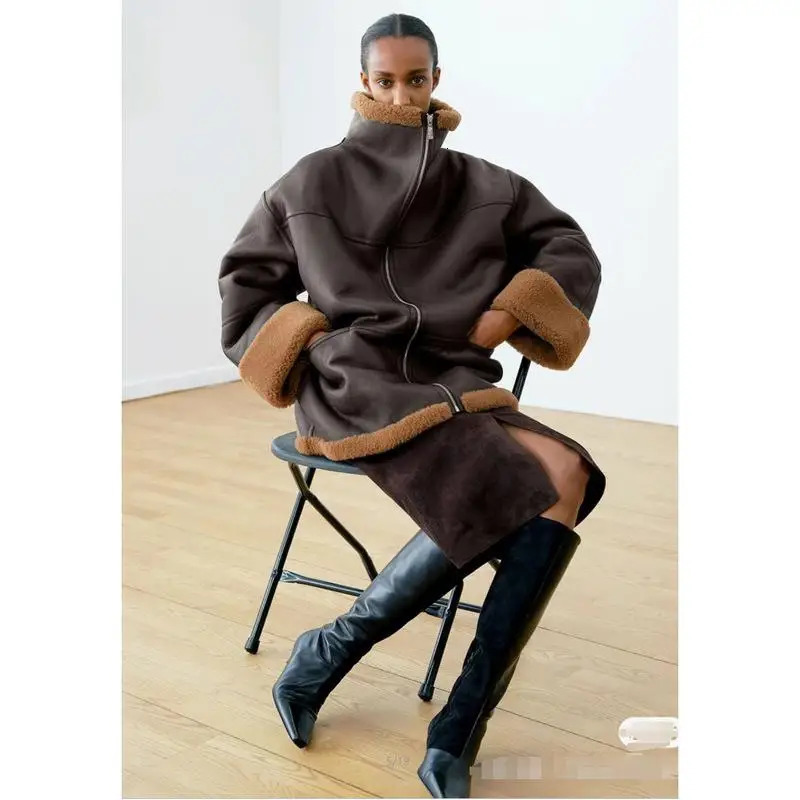 IOO offers 24 chocolate shawl collared loose silhouette fur coats suitable for women with free delivery 241209