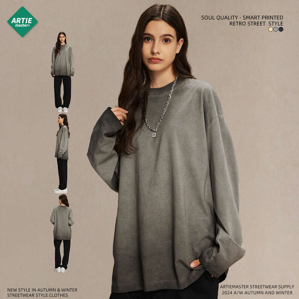 2024 autumn 275g reverse bottom stir fried color street fashion brand wash water t-shirt for men ins dirty dye waste soil retro long sleeved shirt