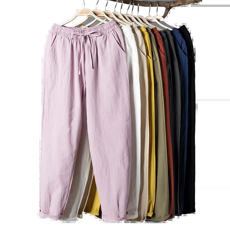Womens Spring Summer Pants Cotton Linen Solid Elastic waist Candy Colors Harem Trousers Casual Female 241203