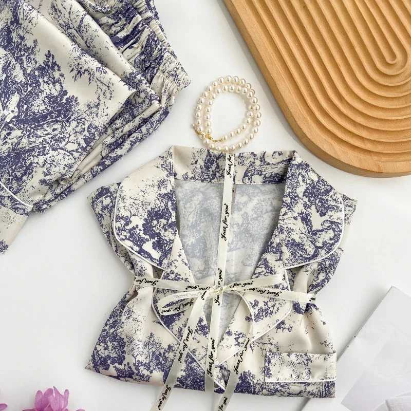 2024 Autumn New Ice Silk Women Pajama Lapel Button Cardigan Outfits for Women 2 Piece Set Fashion Printing Set Clothes for WomenC241209C250109