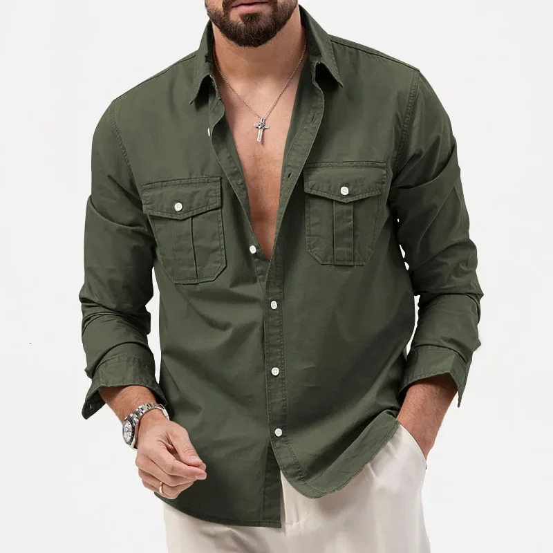 Army Green Tactical Cargo Shirt Mens Chest Two Pocket Long Sleeve Tshirt 2024 Trend Casual Loose Chemise Hombre 241209