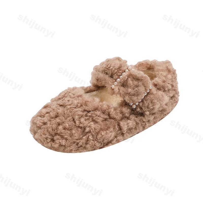 Fashion Rhinestone Buckle Flats 2024 Winter New Children Fur Cover Toe Light Warm Kids Casual Shoe Plush Non-slip Mary Jane ShoeXJ241209