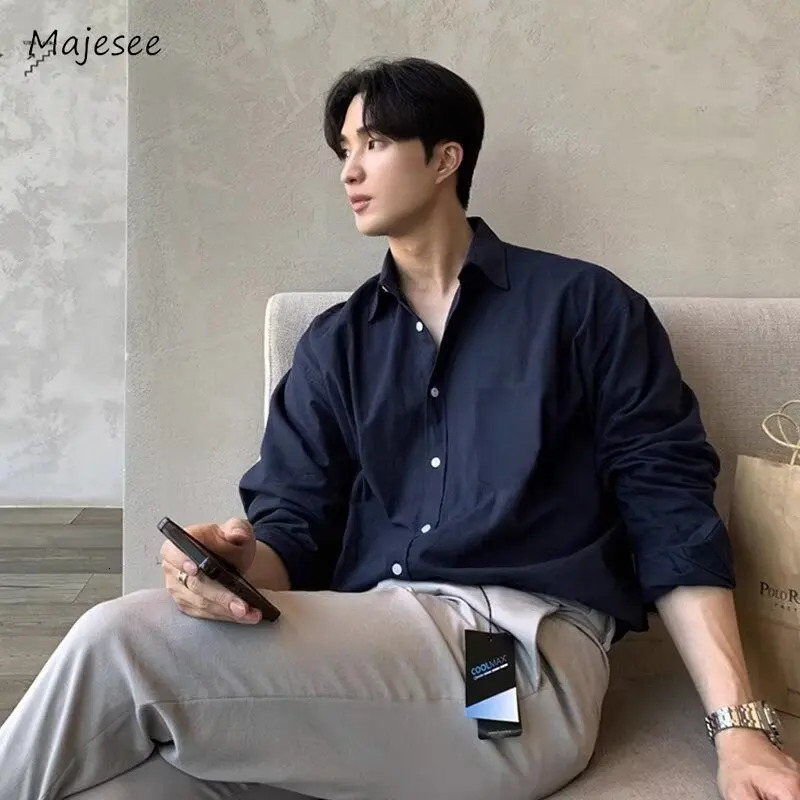 Product Style Mens Shirt Navy Blue Simple Korean Fashion Loose Japanese Harajuku Long Sleeve Cotton Business Intelligence Casual Handsome 241209