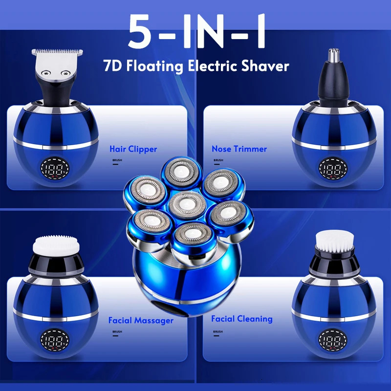 Newest 5-In-1 Shaver 7D Ating Cutter Head Bald Hair Clipper Wireless Charging Men Nose Trimmer Electric Beard Razor
