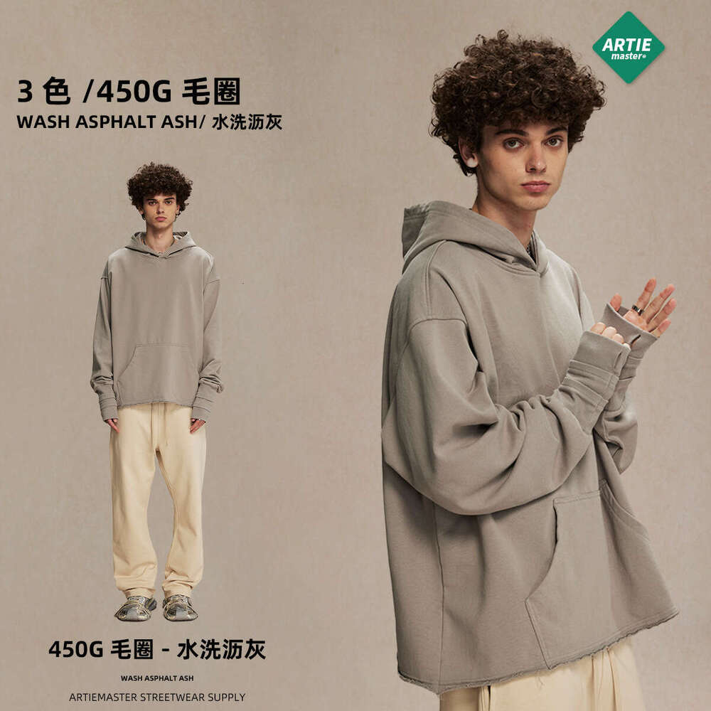 2024 Autumn/Winter Open Finger Hole Stacked Thread Sleeve American Trendy Brand Woolen Loop Destruction Curled Edge Hoodie Men's