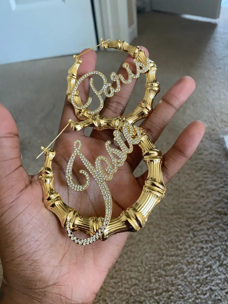 Doremi Bling Name Bamboo Earrings Customized Trapezoidal Rings Bamboo Name Earrings Large Personalized Name Earrings Womens Gifts 241209