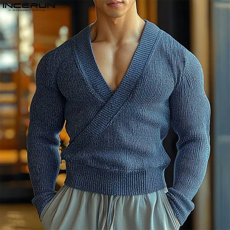 INCERUN Men Sweaters Solid Color Knitted V Neck Long Sleeve Casual Clothing Streetwear Fashion Male Pullovers S5XL 241209