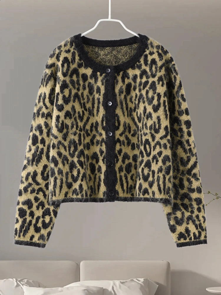 Vintage Leopard Mohair Cardigan For Women Patchwork O-neck Long Sleeve Single Breasted Sweater 2024 Autumn Lady Lazy Knitwear 241210