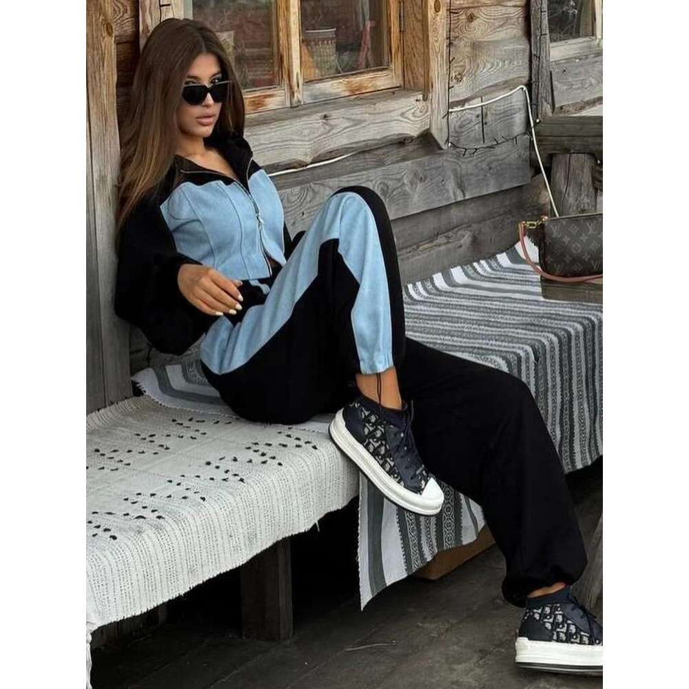Fashion Patchwork Denim 2 Piece Sets Women Outfit Slim Hoodies Crop Top Wide Leg Sweatpants Suit Streetwear Casual Tracuits