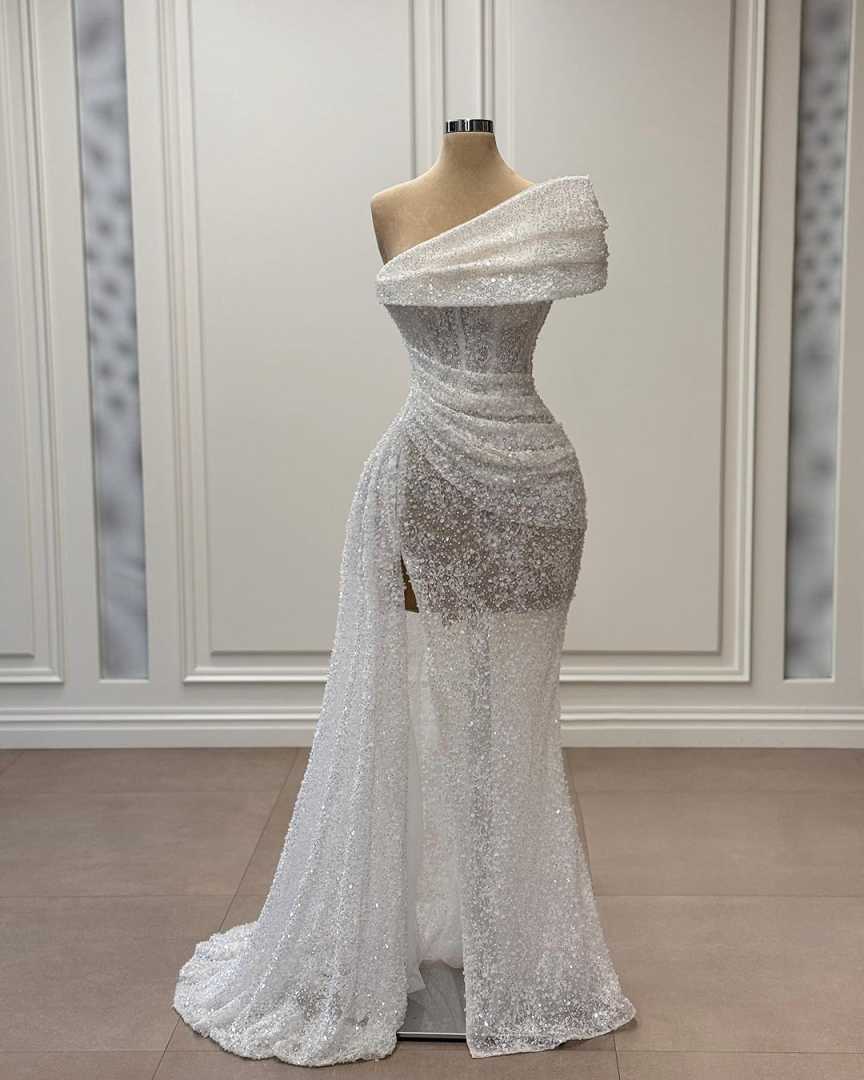 Classic Mermaid Dresses For Women One Shoulder Sleeveless Gown Sequins Sweep Train Split Side Customized Dress Party