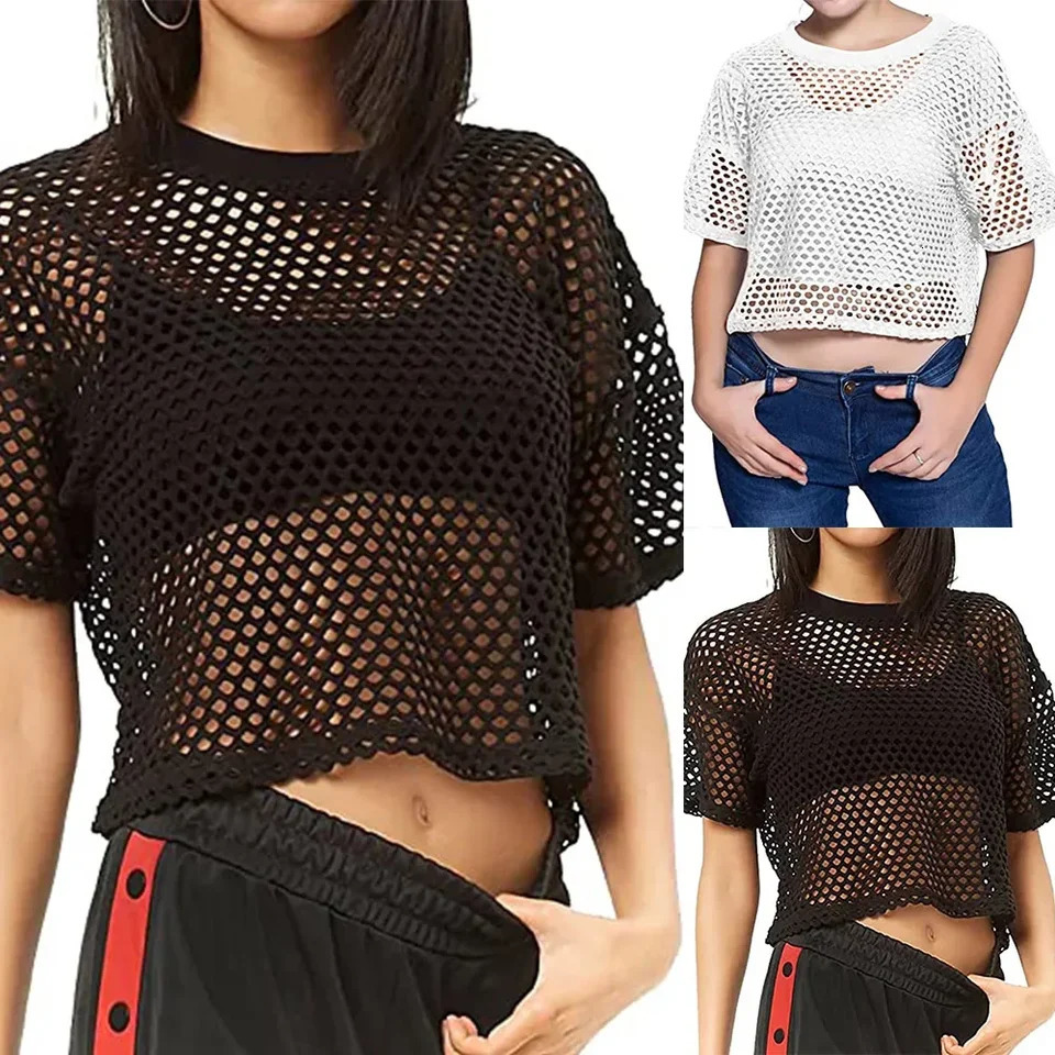 Womens Tshirt sexy fishnet vest crop top casual shirt summer street basic transparent hollow 241209