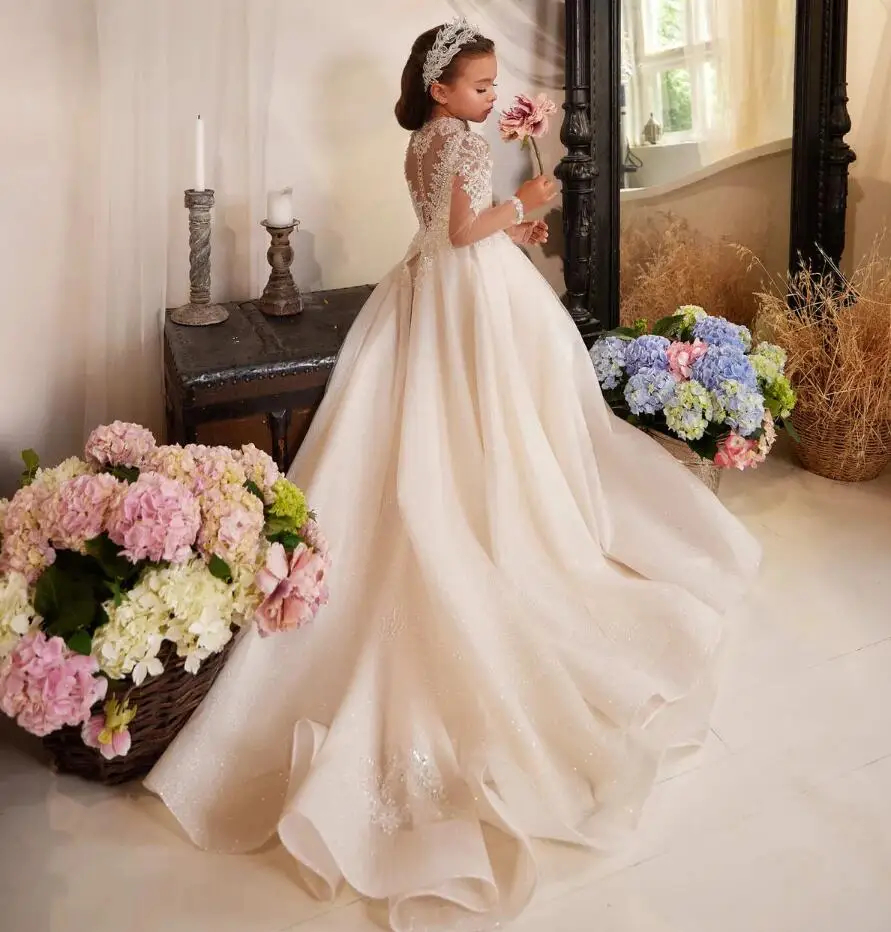 Lace Apliques wer Girls Dresses Long Sleeves Childrens First Communion Pageant Princess Wedding Party Dress Kids Formal wear Court Train