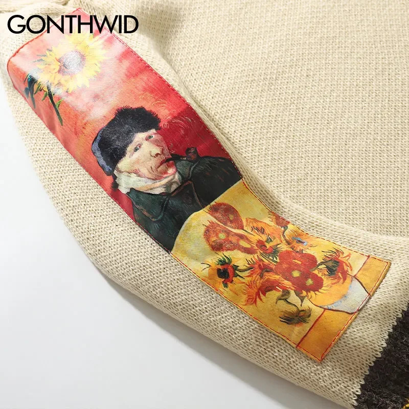 GONTHWID Van Gogh Sleeve Patchwork Pullover Knit Sweater Mens Hip Hop Embroidery Crewneck Knitwear Sweaters Streetwear Tops 241209
