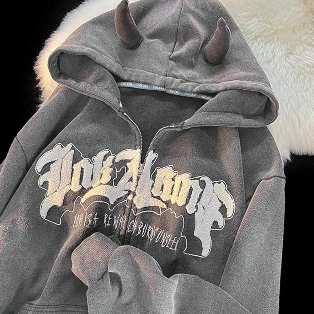 Devil Horns Hoodies Zip Up Letter Pattern Loose Sweatshirt Autumn Hooded Sweatshirt Zipper Long Sleeve Coat Women Outerwear 241209