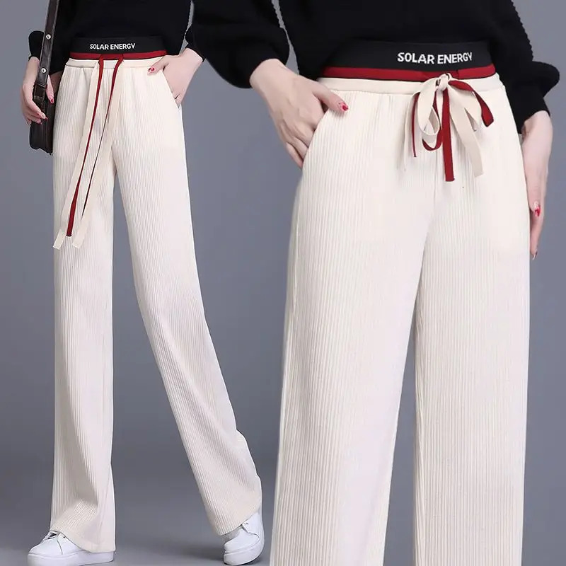 Autumn and Winter Womens Colorful Block Loose High Waist Elastic Wide Leg Pans Fashion Leisure Full Match Trouser 241202