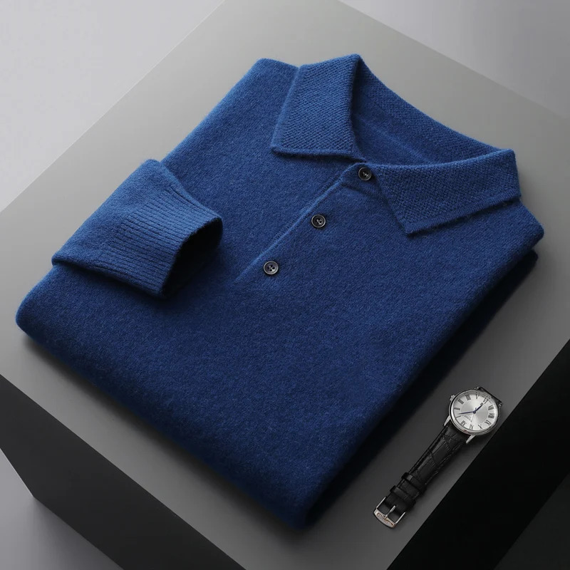 Cashmere sweater mens polo neck 100 pure cotton long sleeved T-shirt business casual sweater brushed knit bottom sweater 241209