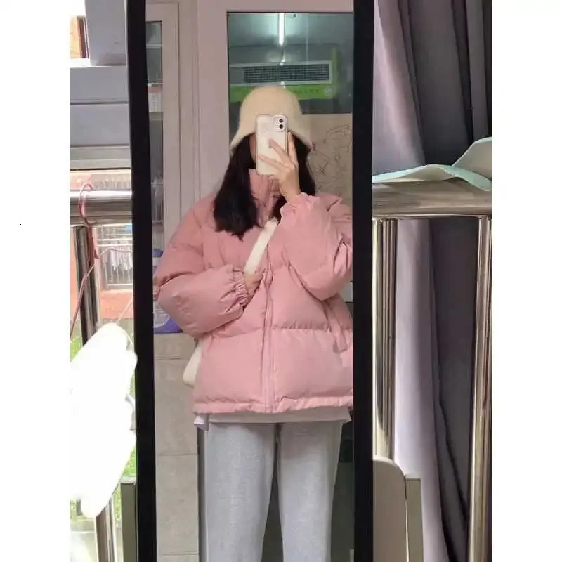 2024 Womens Elementary School Korean Pink Inflatable Jacket Cut into Severe Winter Thick Long Sleeve High Waist 241209