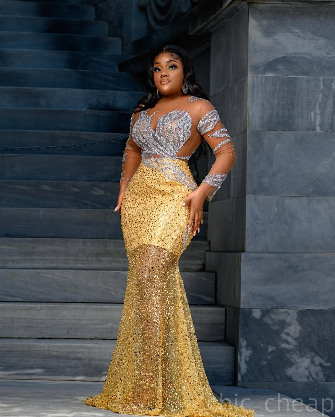 Gold Mermaid Prom Dresses 2025 Sequined Full Sleeves Sheer Neck Evening Formal Party Second Birthday Engagement Gowns Plus Size Dress For Special Occa