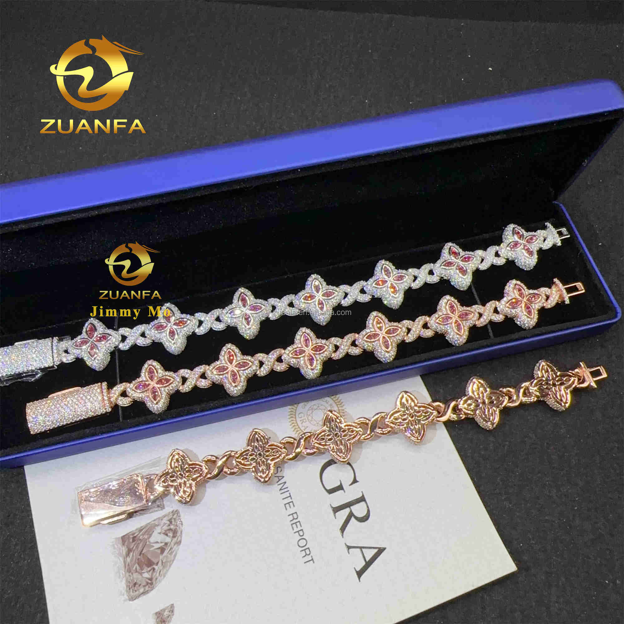 Fashion 18mm 925 Silver Marquise Flower Design Hip hop Jewelry Iced out Moissanite Diamond Infinity Cleef Clover Cuban Bracelet