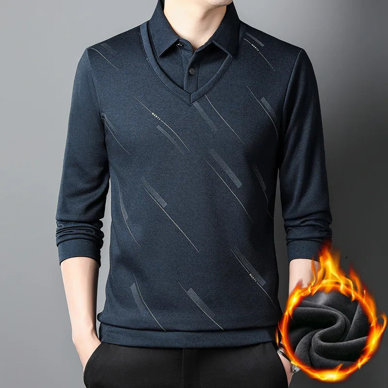 2024 Fashion Mens Polo Shirt Fleece Long Sleeve Autumn and Winter Warm Clothing Korean Style for Men Tops 241202