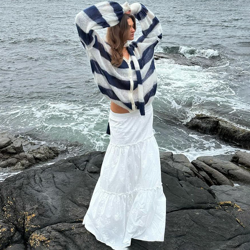 Fashion Striped Sweater Cardigan With Scarf Female Loose Thin Hollow Knitted Lantern Sleeve Contrast Color Retro Top