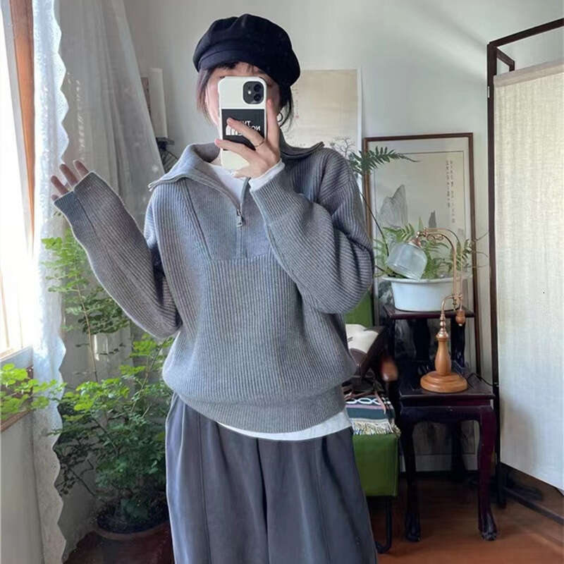 Half zipper stand up collar women's autumn winter new Korean version simple and lazy style loose casual pullover knitted sweater top