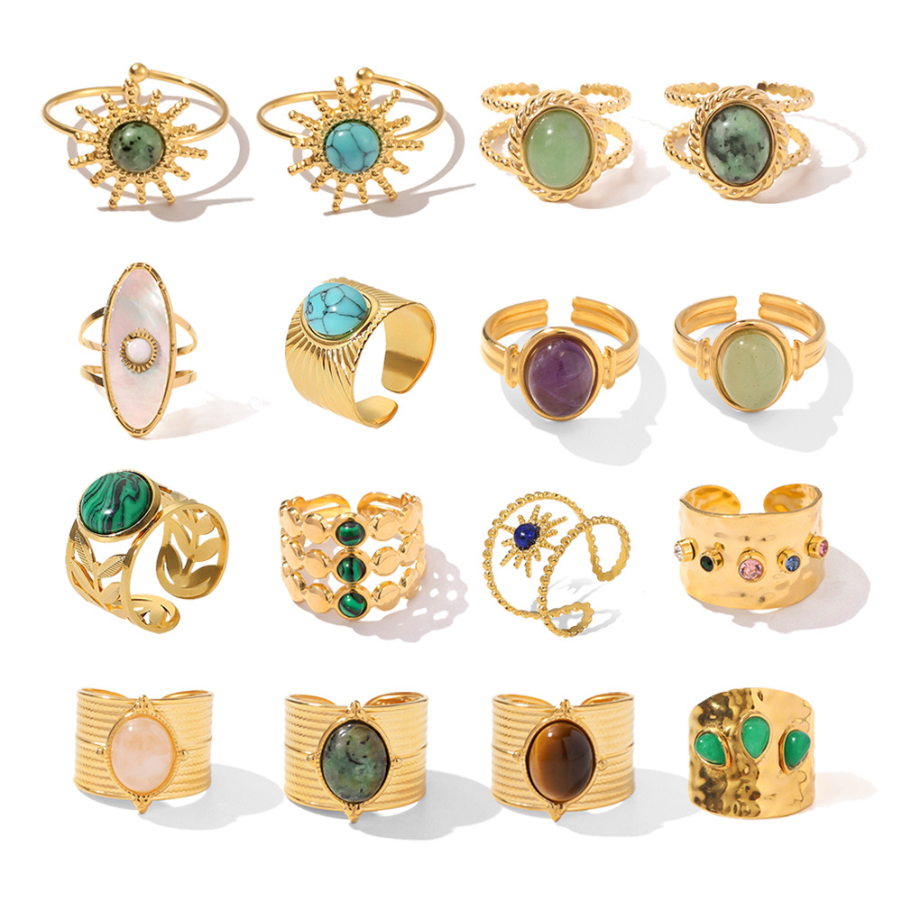 Three Layer Green Turquoise Tiger Eyes Stone Stainless Steel Open Ring for Women Exquisite and Fashionable Plated 18k Gold Non Fading Jewelry
