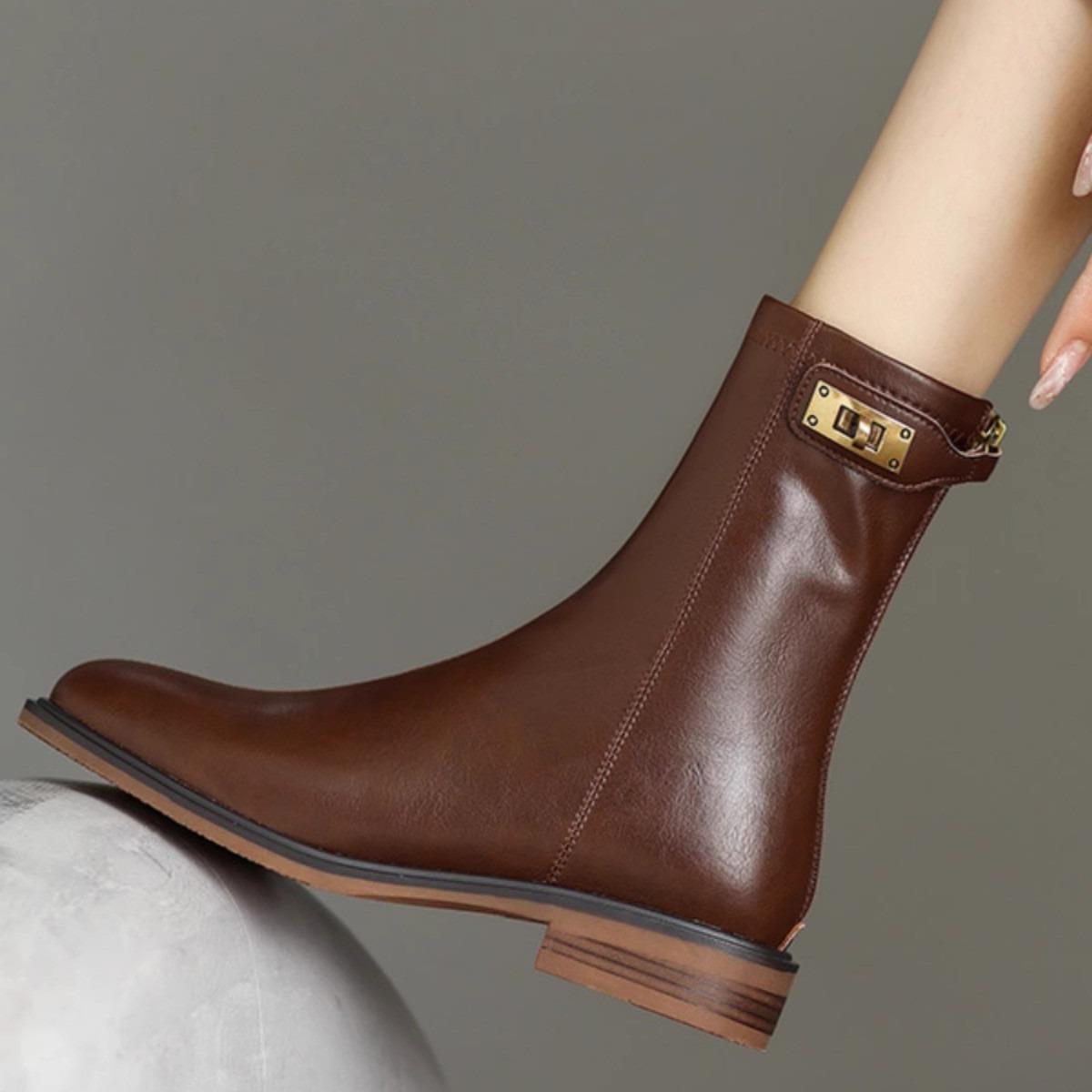 Women Boots:Flat Bottom Simple Design Versatile New French Style Skinny British Short Boots Round Toe,Black/Brown,fashion