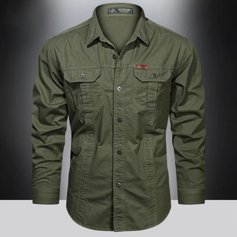100 pure cotton mens long sleeved 2pocket shirt outdoor casual jacket highquality military 241209