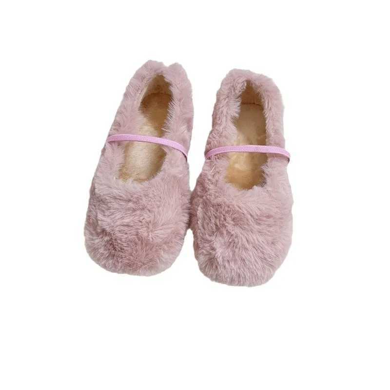 Furry Girls Shoes Soft Sole Comfortable Ballet Flats Elegant Plush Shallow Kids Princess Shoes Versatile Child Mary Janes XJ241209