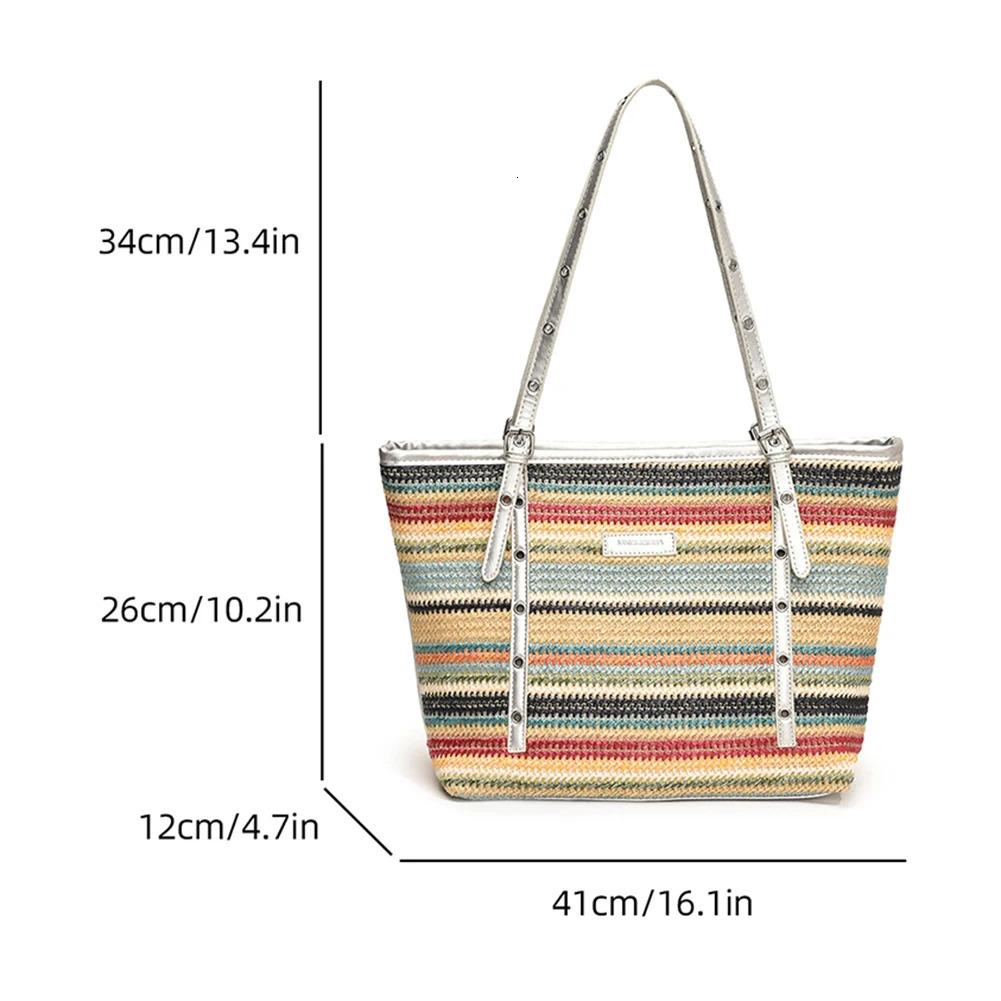 Womens colorful crochet beach handbag large capacity woven travel bag minimal splicing work handbag womens summer handbag 241205