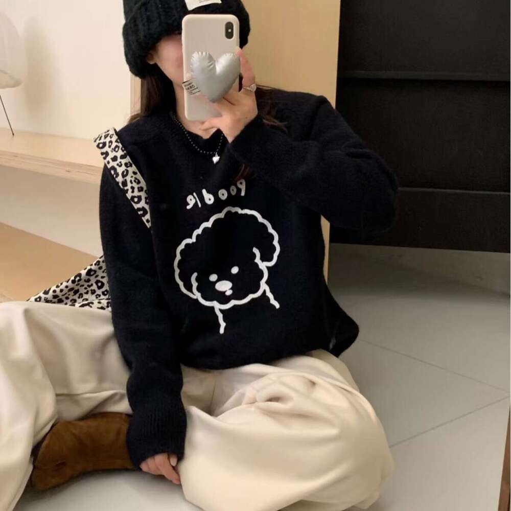 Gentle style cartoon little dog sweater for female students, 2023 autumn and winter new style, loose round neck, single wear, inner knit top