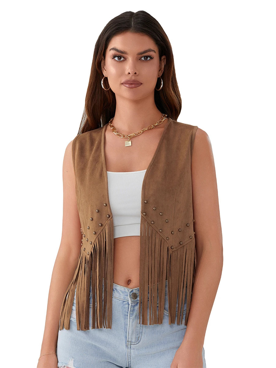 HzDazrl Women Fringe Vest Open Front Rivets Tassel Sleeveless Coat Vintage Cowgirl Hippie Casual Jacket Outwear 241205