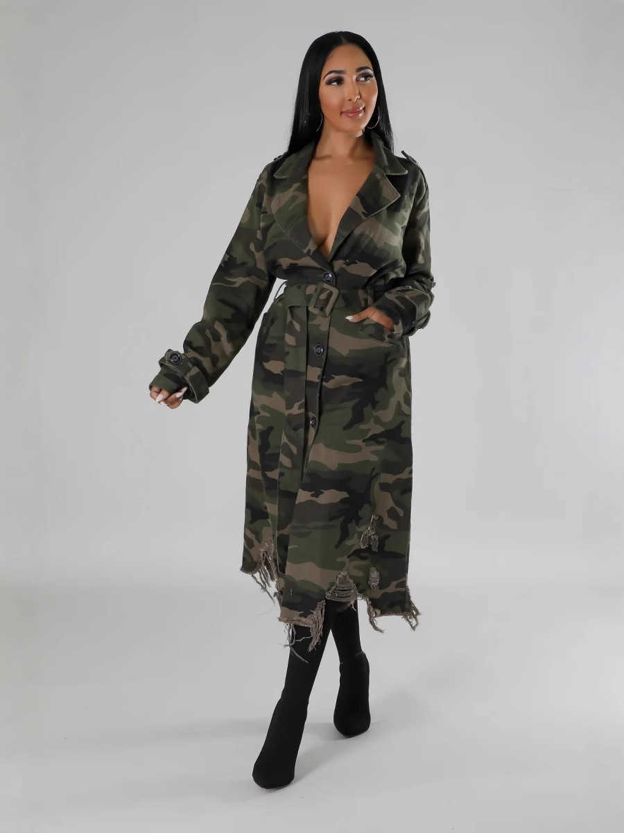 Women's Jackets Women's torn personality camouflage long trench coat with belt Q241210