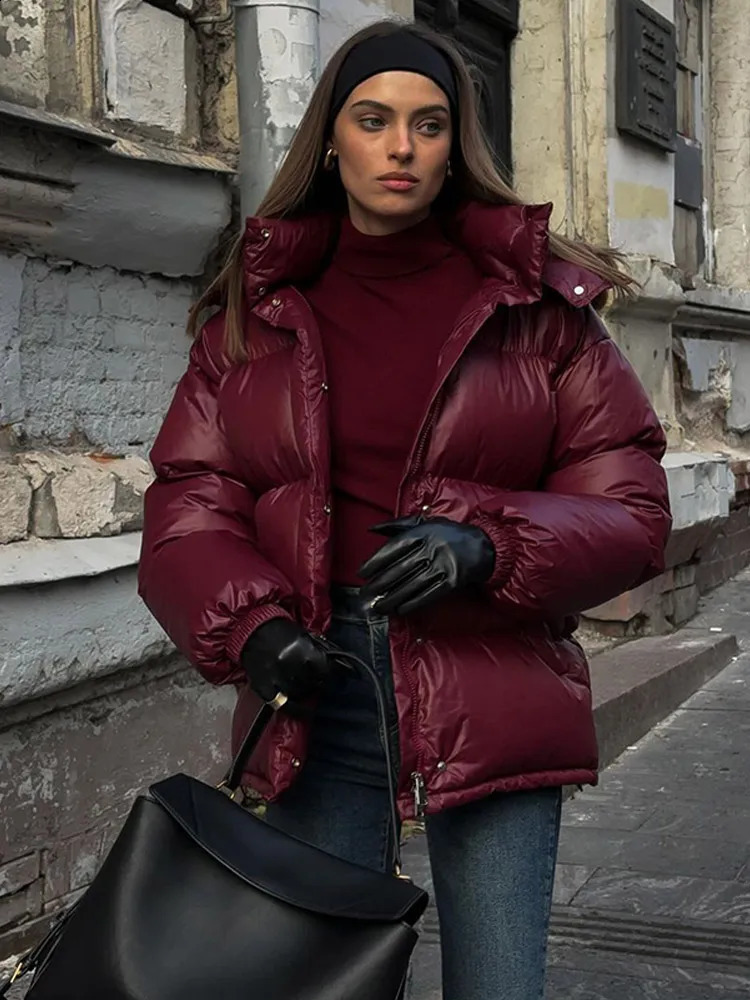 Women Fashion Burgundy Red Hooded Padded Jacket Winter Warm Stand Collar Zipper Breasted Parka 2024 Lady High Streetwear 241210