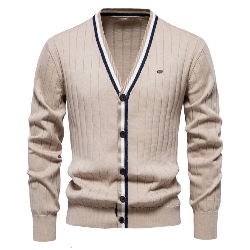 2024 autumn and winter new cardigan V-neck long sleeved sweater trendy style contrasting border men's knitted jacket