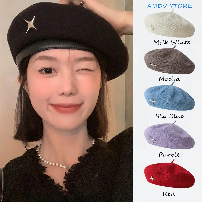 High quality womens black beret warm wool knitted hat star pattern and cute little beret hat perfect for plastic surgery 241209
