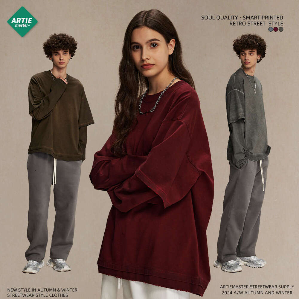 2024 autumn dirty dye fake two-piece T-shirt for men, stir fried color worn out trendy brand long sleeved men's and women's styles