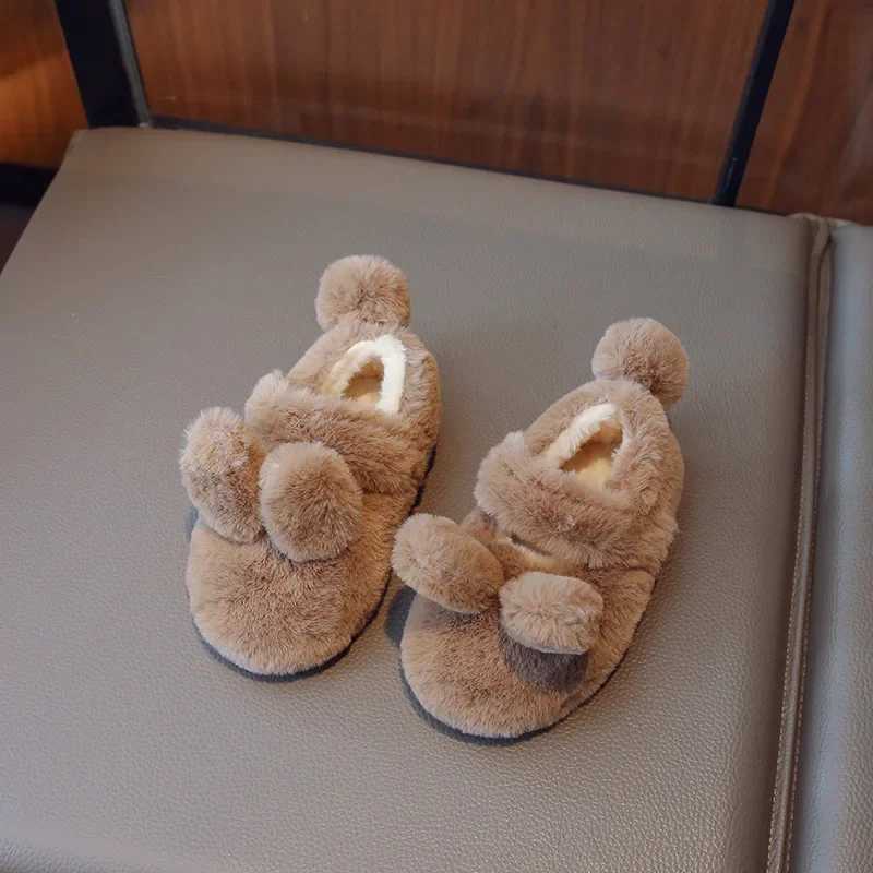 Autumn Winter New Girls Shoes Plush Warm Children Flats Cute Rabbit Cotton Shoes Fur Mary Janes Shallow Solid Color Baby ShoesXJ241209