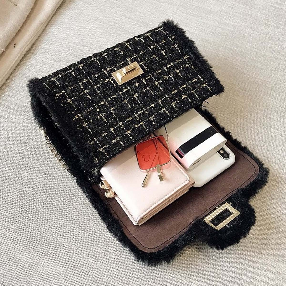 New women s slanted small square fur chain designer shoulder bag elegant women s handbag trendy bag bag