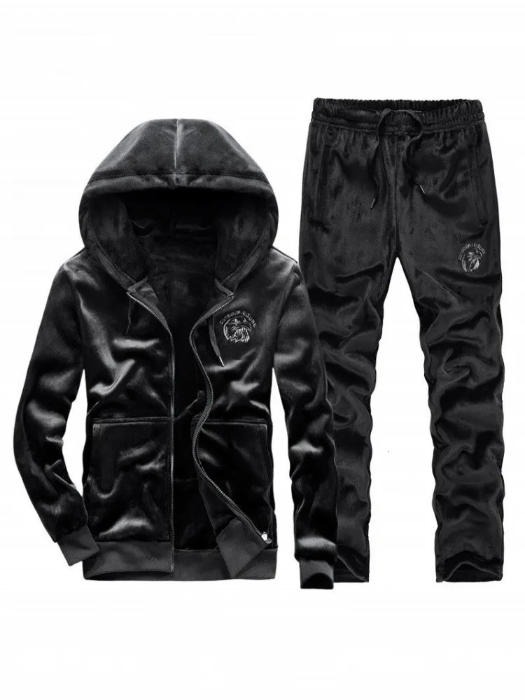 Autumn Winter Mens Velvet Sports Sets Hooded Sweatshirt Elastic Waist Pants Two Piece Set Warm Outdoors Men Running Tracksuit 241209