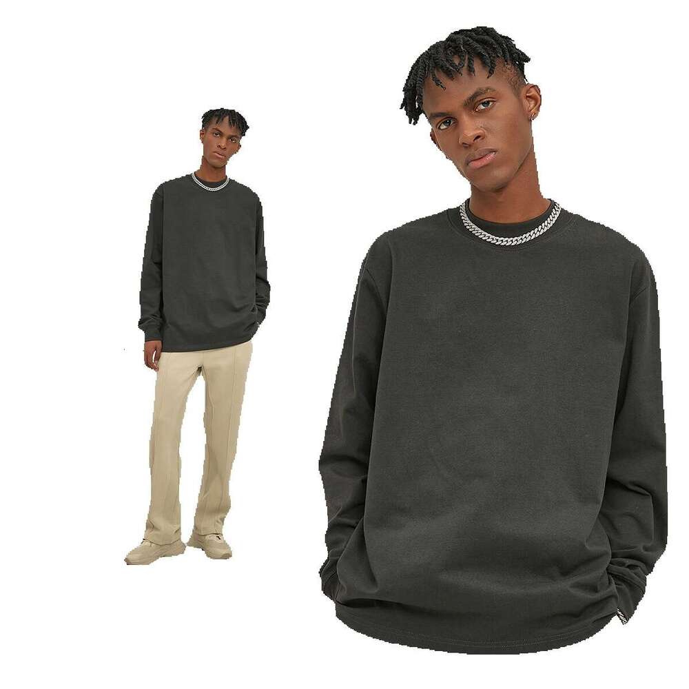 2023 autumn and winter new product heavyweight 345G double yarn plain weave high necke loose long sleeved T-shirt for men