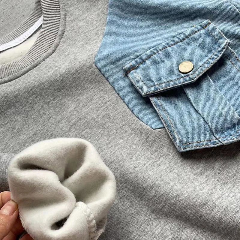 Spring Boys and Girls Top Denim Patchwork Sleeve Loose Hoodie Autumn Casual Childrens T-shirt 241210