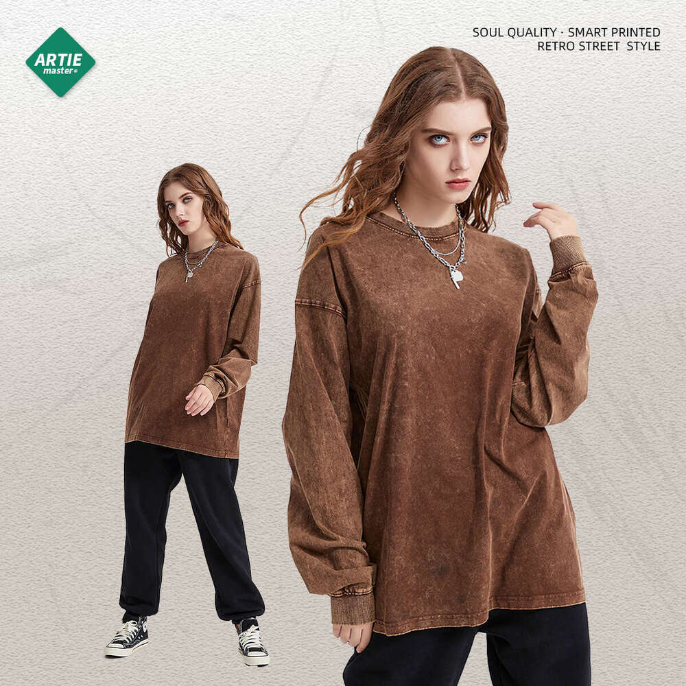 Trendy brand new wax printed 250G long sleeved in 10 colors autumn winter solid color washed and worn men's T-shirt