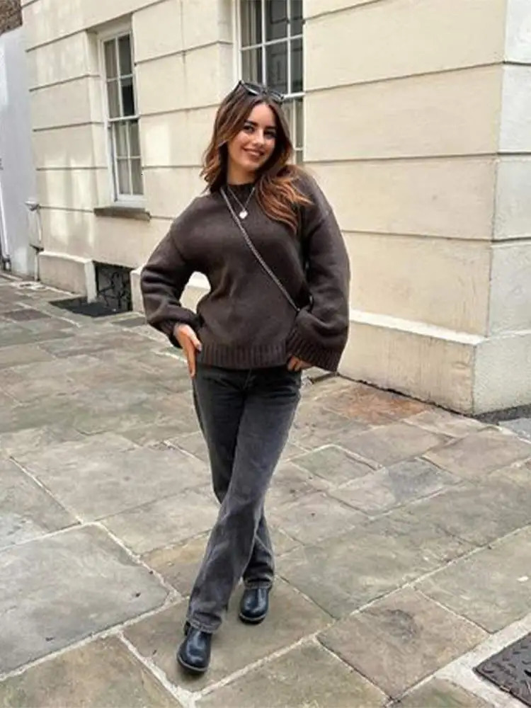 Casual Long Sleeved Round Neck Womens Sweater Versatile Knitted Solid Color Pullover Commuting Office Streetwear For Autumn 241203