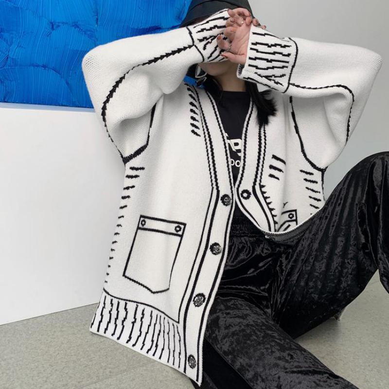 Karrram Print Graffiti Unique Cardigan Women Loose V-Neck Long Sleeve Knitted Female Cardigans Coat Y2k 2021 Winter
