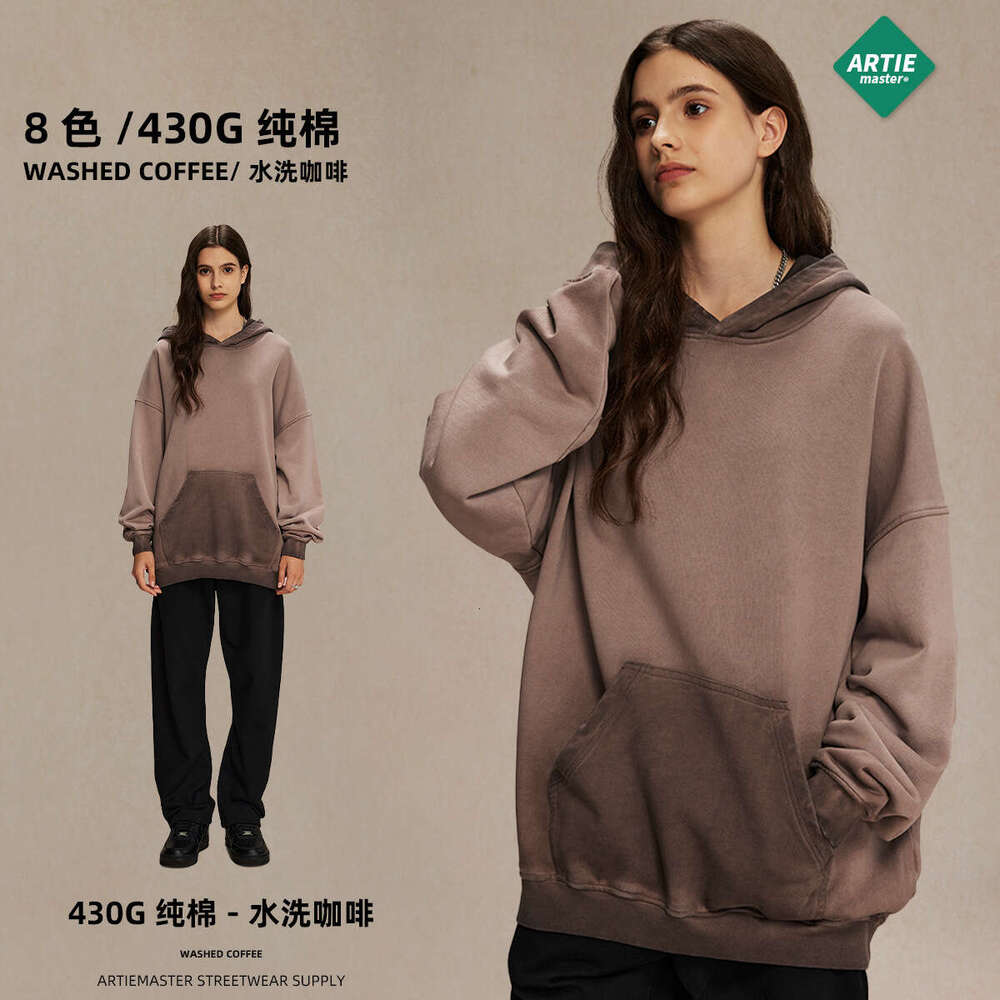 2024 autumn and winter new product 430g reverse bottom stir fried color distressed hooded sweatshirt trendy brand thin washed water men's hoodie