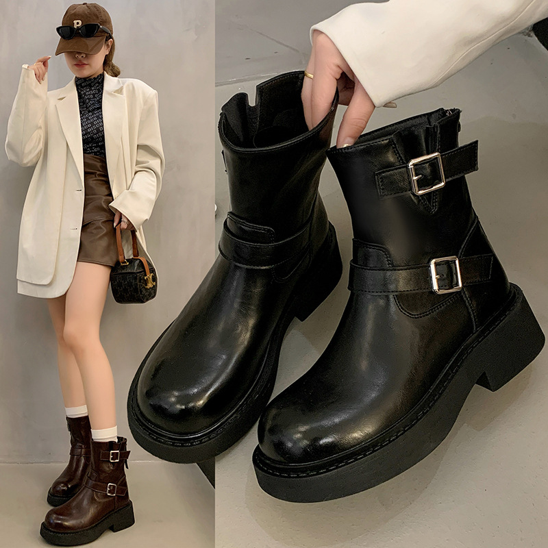 Women Boots:Retro Style Belt Buckle 2025 Early Spring New Product Thick Sole hot Increase Height Fashion Versatile Short Boots,Black/Brown,Free shippi