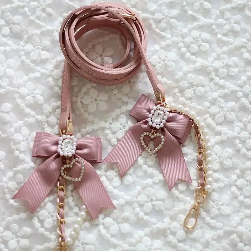 Handmade Japanese Liz Fashion Adjustable Pu Leather Phone Horizontal Chain Pearl Bow Gemstone Cute Bag Chain Cute Bag Accessories 241205