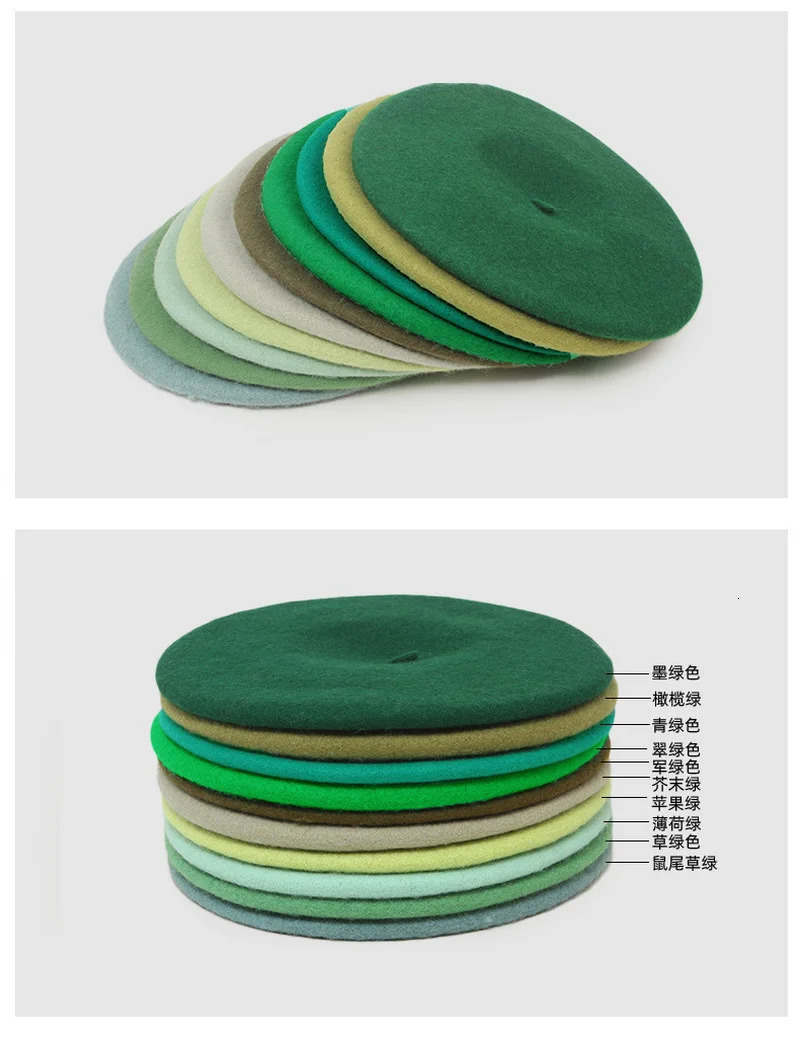 Green wool beret Japanese retro hat painters hat flower bud hat winter retro hat keep warm and cute casual hat womens beret 241209